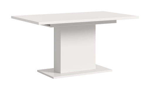 Esstisch ausziehbar Weiß mit rechteckiger Tischplatte und Säulen-Fußgestell in Gesamtansicht.