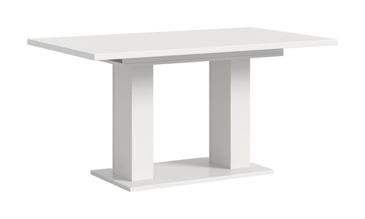 Esstisch ausziehbar Weiß Nachbildung 150-190cm mit rechteckiger Platte und Doppelsäulen-Fußgestell in Gesamtansicht.