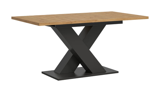 Esstisch ausziehbar Artisan Grau mit Holzplatte und X-förmigem schwarzem Metallgestell in Gesamtansicht.