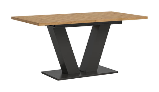 Ausziehbarer Esstisch Artisan Grau V-Fußgestell mit Holzplatte und schwarzem Metallgestell in Gesamtansicht.