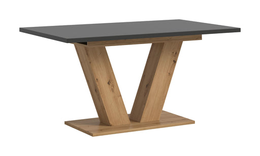 Esstisch ausziehbar Artisan Grau mit V-Fuß, Gesamtansicht der grauen Tischplatte und Holzgestell.