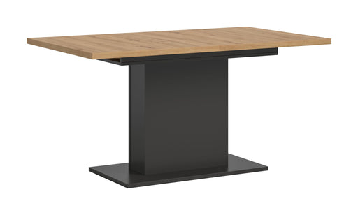 Esstisch ausziehbar Artisan Grau mit Holzplatte in heller Natur-Optik und dunkelgrauem Säulenfuß, Gesamtansicht.