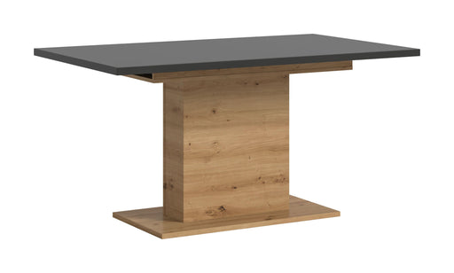 Esstisch Artisan Grau in Gesamtansicht mit ausziehbarer Tischplatte in Grau und Gestell aus Holz in heller Eichenoptik.