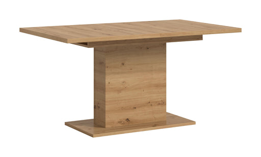 Esstisch ausziehbar Artisan mit rechteckiger Platte und massivem zentralem Säulenfuß in Holzoptik.