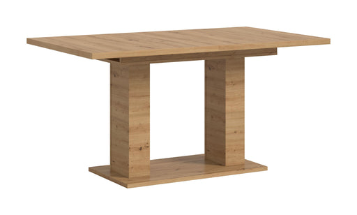 Esstisch Artisan Oak mit rechteckiger Tischplatte und zwei massiven Holzsäulen als Gestell, Gesamtansicht.