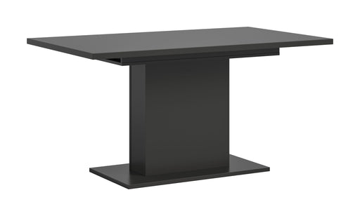 Esstisch ausziehbar Grau Nachbildung in Gesamtansicht mit rechteckiger Platte und zentralem Säulenfuß.