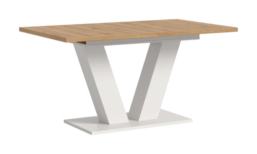 Esstisch Artisan/Weiß mit Holzplatte und V-förmigem Metallgestell in Weiß, Gesamtansicht.