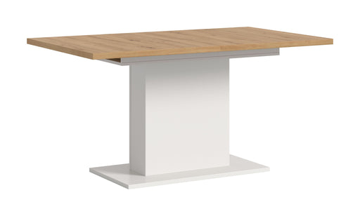 Esstisch ausziehbar Artisan/Weiß mit Holzplatte und weißem Säulenfuß in Gesamtansicht.