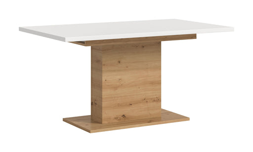Esstisch Artisan ausziehbar mit weißer Tischplatte und Säulenfuß aus Holz, Gesamtansicht.