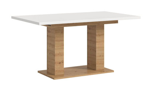 Esstisch ausziehbar Artisan/Weiß mit weißer Tischplatte und massivem Doppelsäulen-Fußgestell aus Holz, Gesamtansicht.