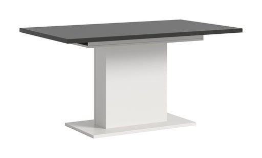 Esstisch Motion ausziehbar in Weiß und Grau mit V-förmigem Fuß, Gesamtansicht in eingezogener Position.