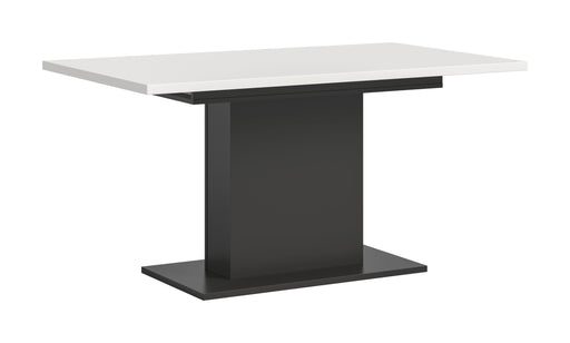Esstisch Motion ausziehbar mit weißer Tischplatte und schwarzem Mittelfuß in Gesamtansicht.