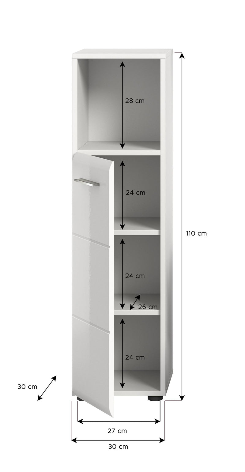 Standschrank hoch weiß Hochglanz, modernes Design, 110x30x30 cm