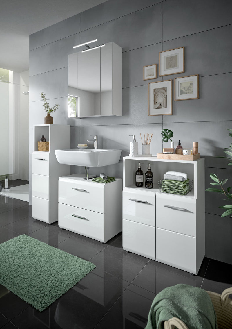 Standschrank hoch weiß Hochglanz, modernes Design, 110x30x30 cm