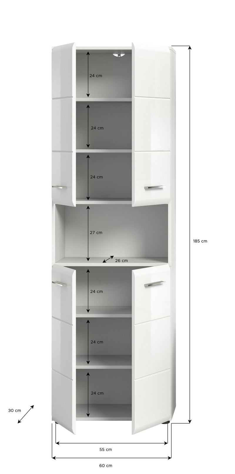 Hochschrank Weiß Hochglanz 60x185x30 cm mit Fächern und Schubladen