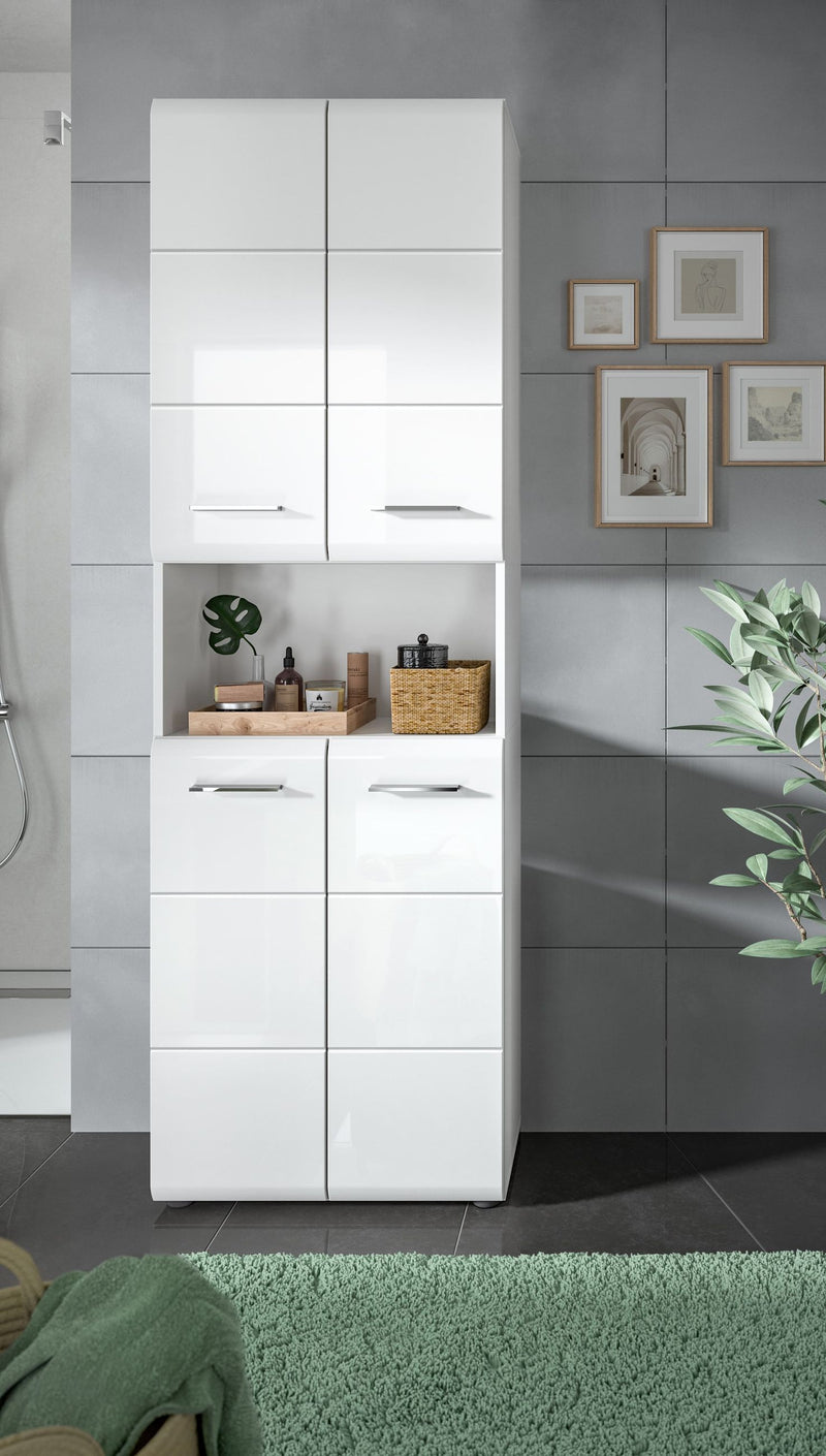 Hochschrank Weiß Hochglanz 60x185x30 cm mit Fächern und Schubladen