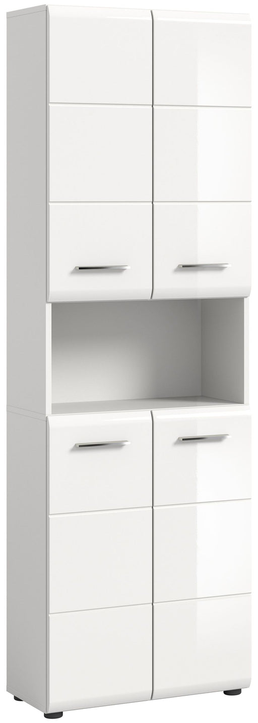 Hochschrank Weiß Hochglanz mit offener Mittelnische und Fächern in Gesamtansicht von vorne.