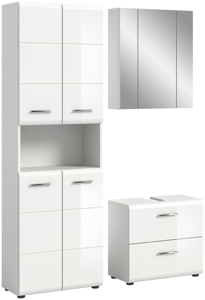 Badkombination Weiß Hochglanz 135x190x32 cm mit Spiegelschrank