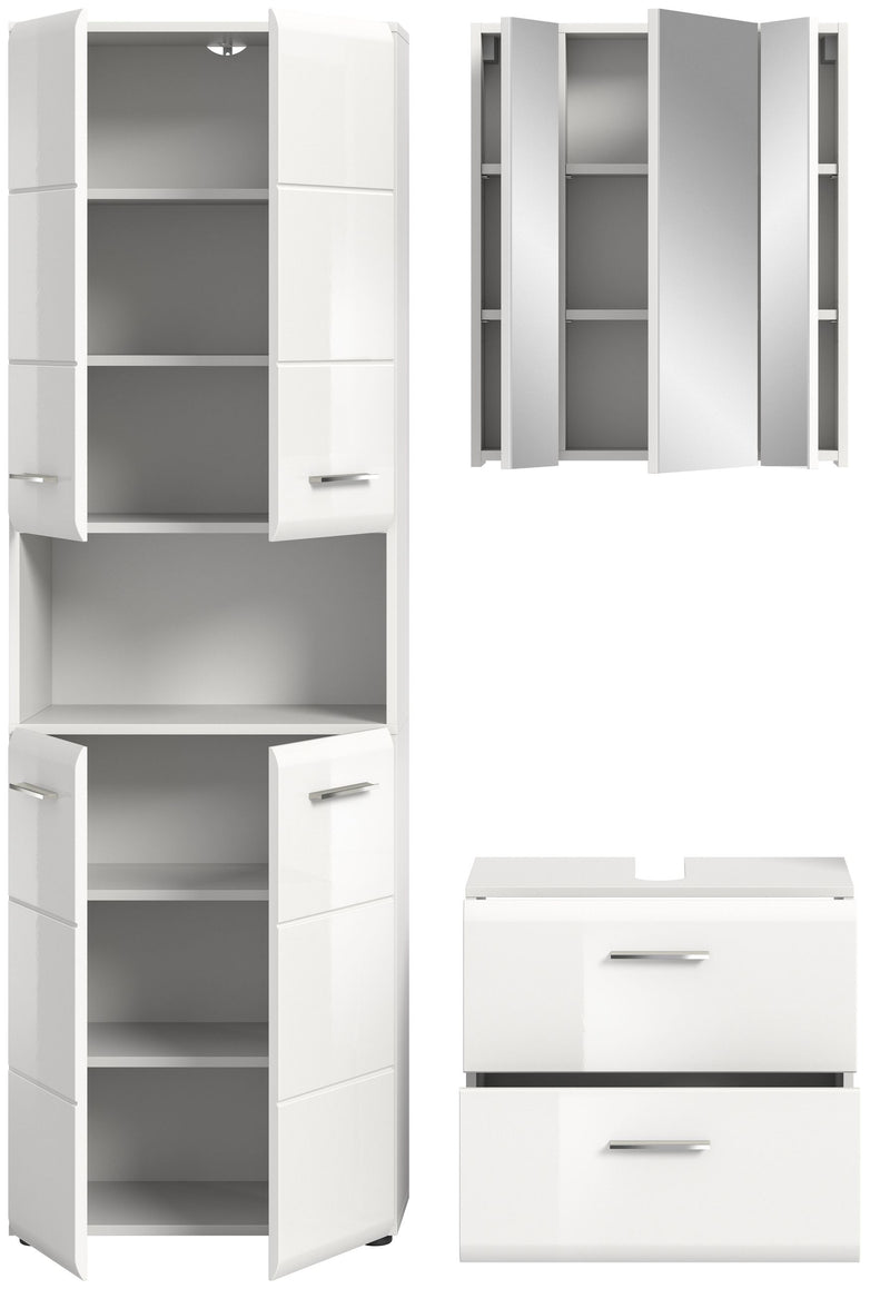 Badkombination Weiß Hochglanz 135x190x32 cm mit Spiegelschrank