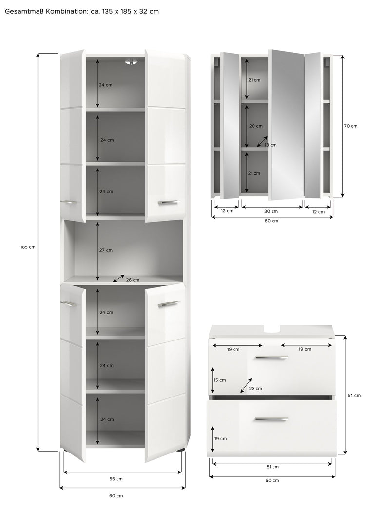 Badkombination Weiß Hochglanz 135x190x32 cm mit Spiegelschrank