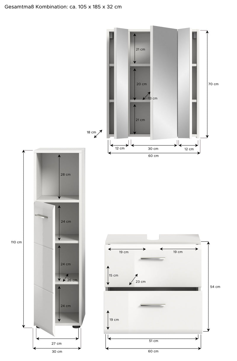 Badkombination Weiß Hochglanz, 105x190x32 cm, inkl. Spiegelschrank