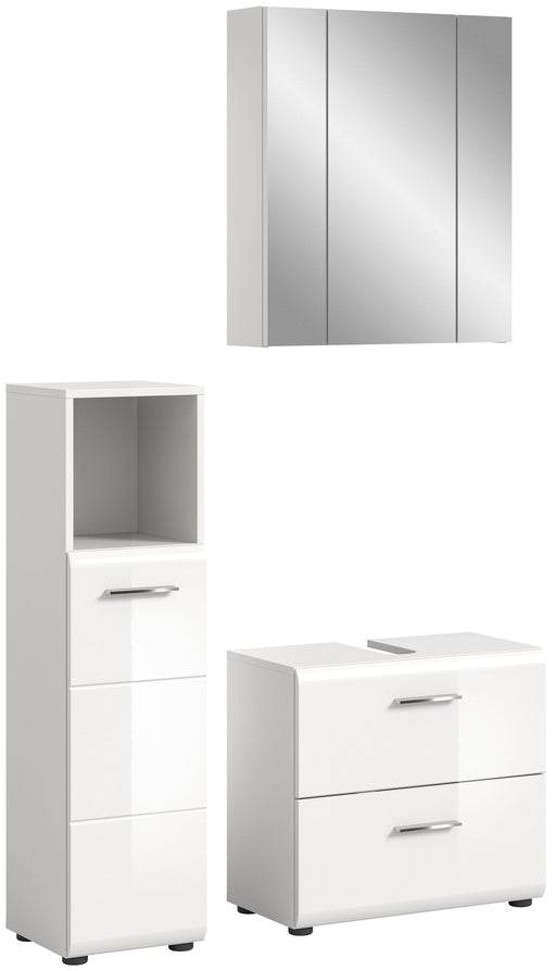 Badkombination Weiß Hochglanz mit Spiegelschrank, Hochschrank und Waschplatz in Gesamtansicht.
