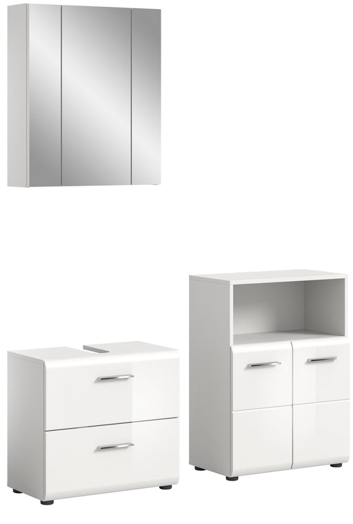 Badkombination Weiß Hochglanz mit Spiegelschrank, Waschtischunterschrank und Seitenschrank in Gesamtansicht.