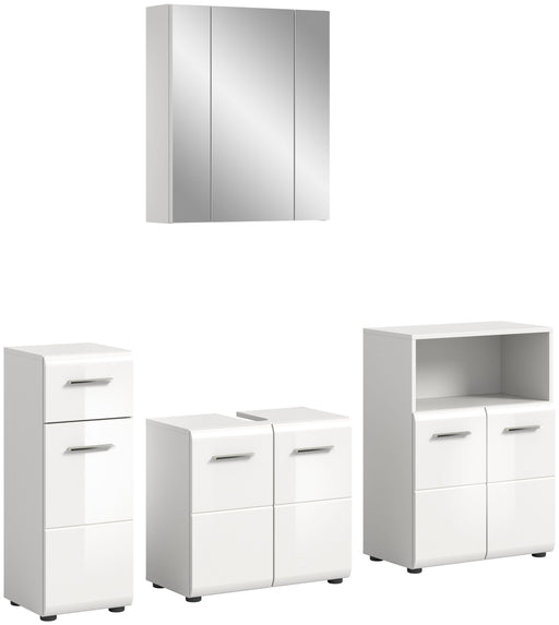 Badkombination Weiß Hochglanz mit Spiegelschrank und drei modularen Unterschrankeinheiten mit Schubladen und Türen.
