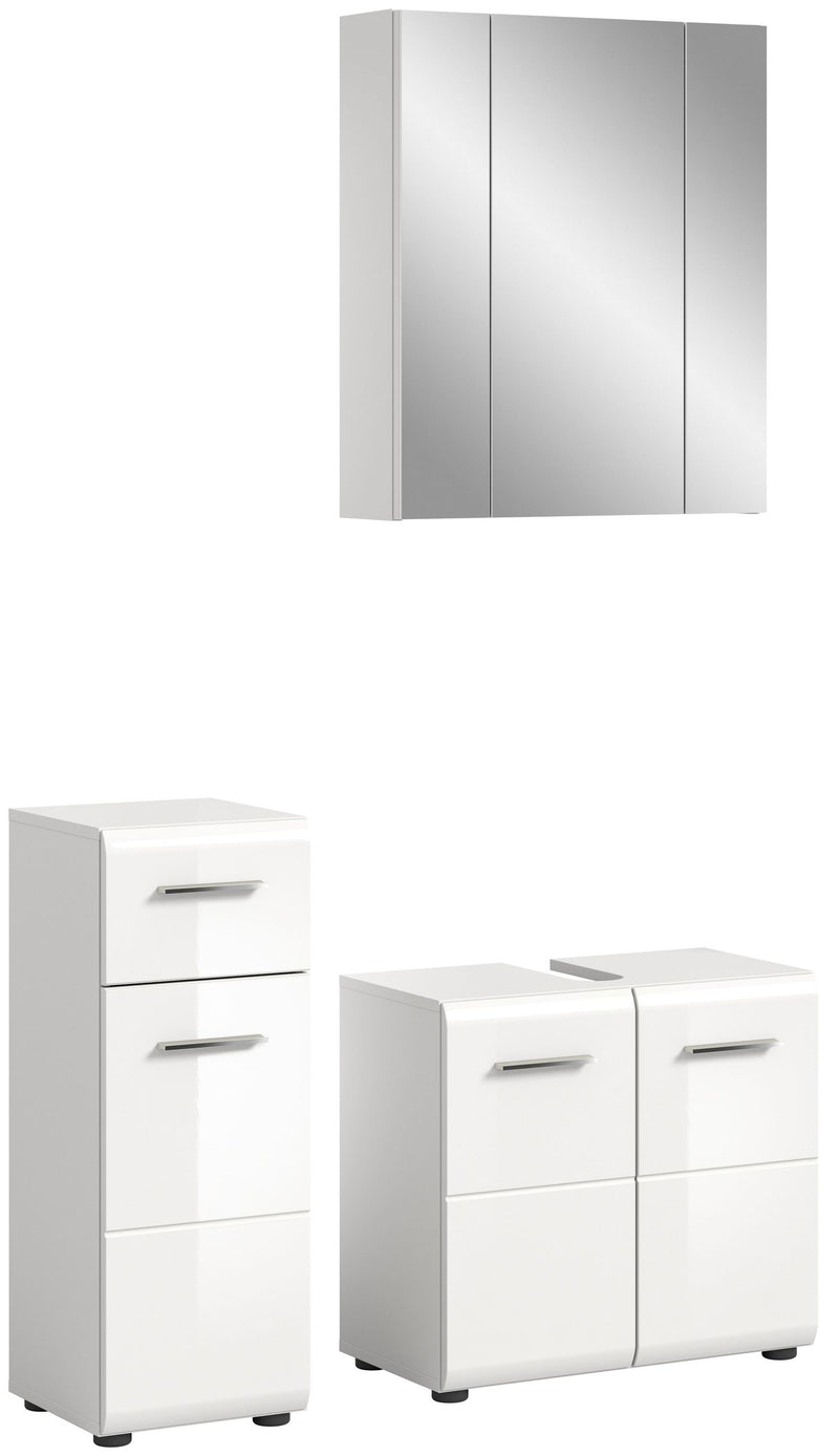Badkombination Weiß Hochglanz mit Waschbeckenunterschrank und Spiegelschrank