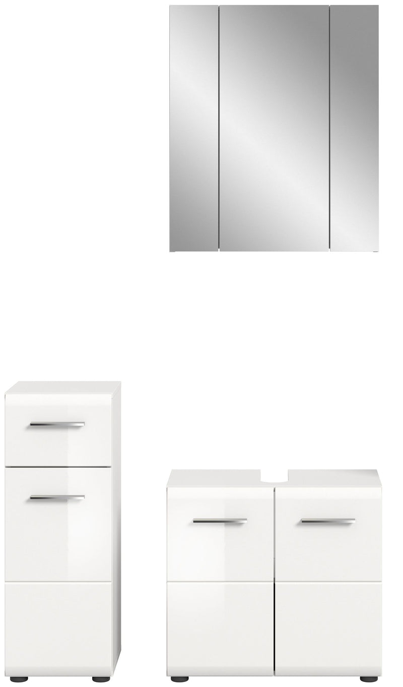 Badkombination Weiß Hochglanz mit Waschbeckenunterschrank und Spiegelschrank