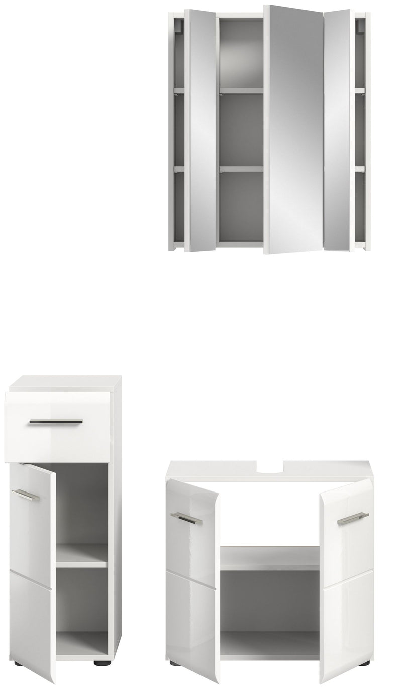 Badkombination Weiß Hochglanz mit Waschbeckenunterschrank und Spiegelschrank