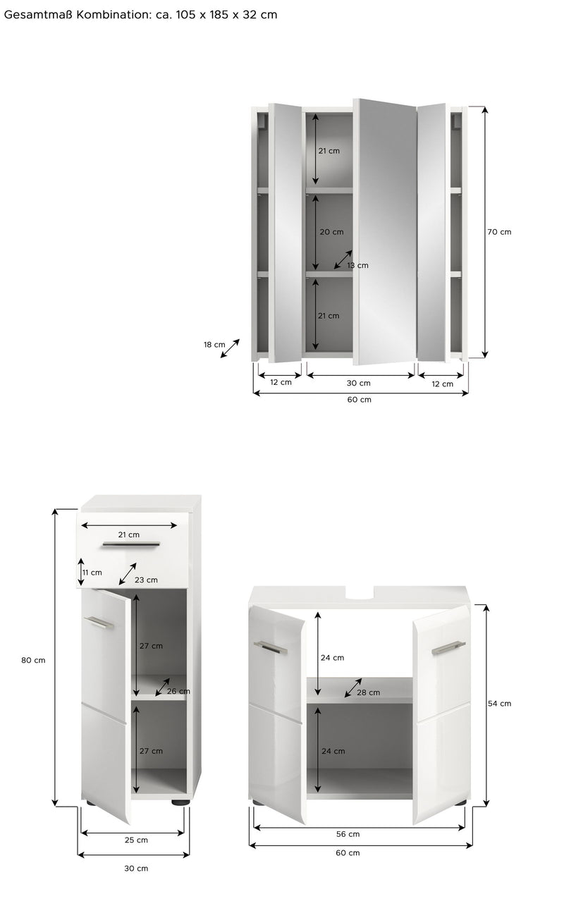 Badkombination Weiß Hochglanz mit Waschbeckenunterschrank und Spiegelschrank