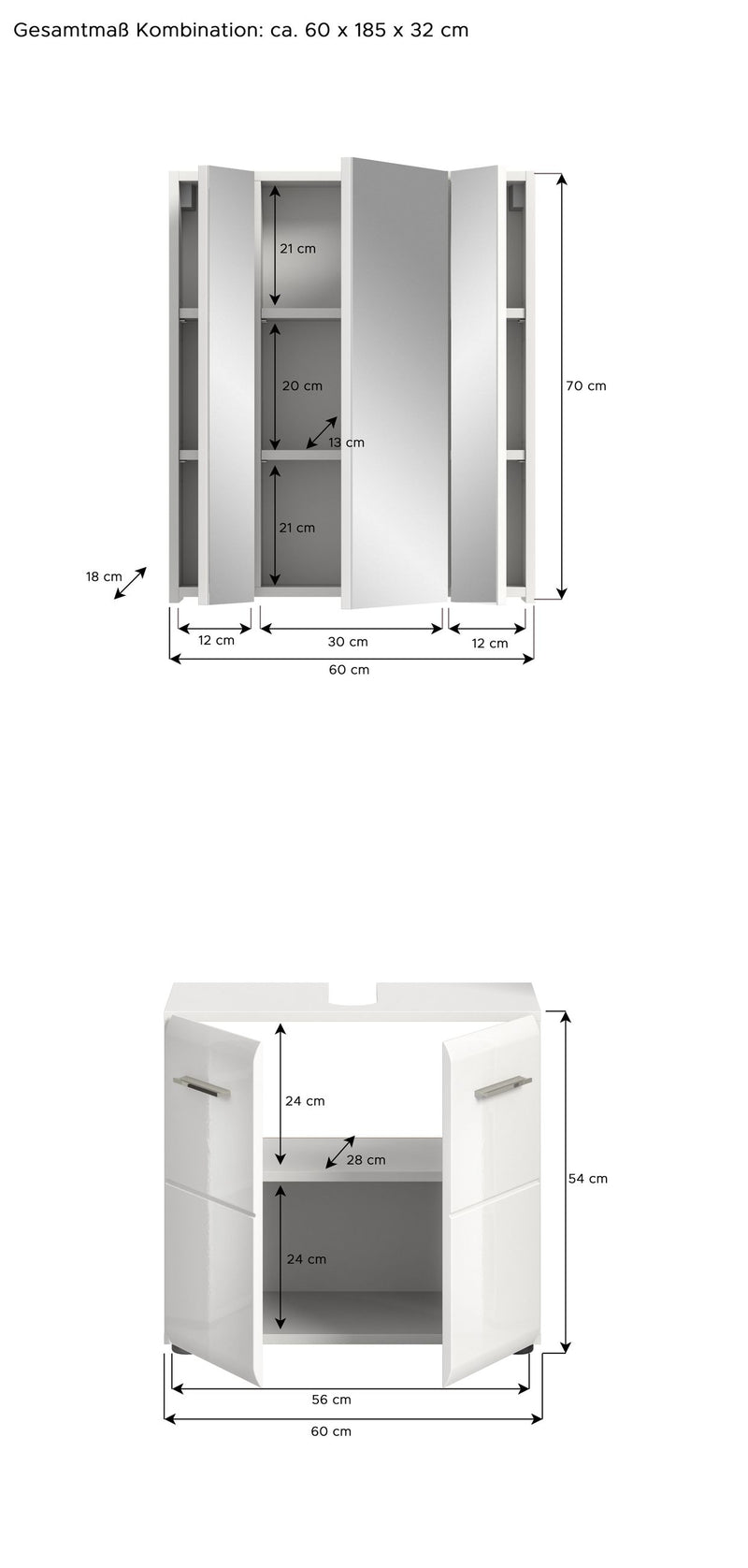 Badkombination Weiß Hochglanz, 60x185x32 cm, Waschbeckenunterschrank
