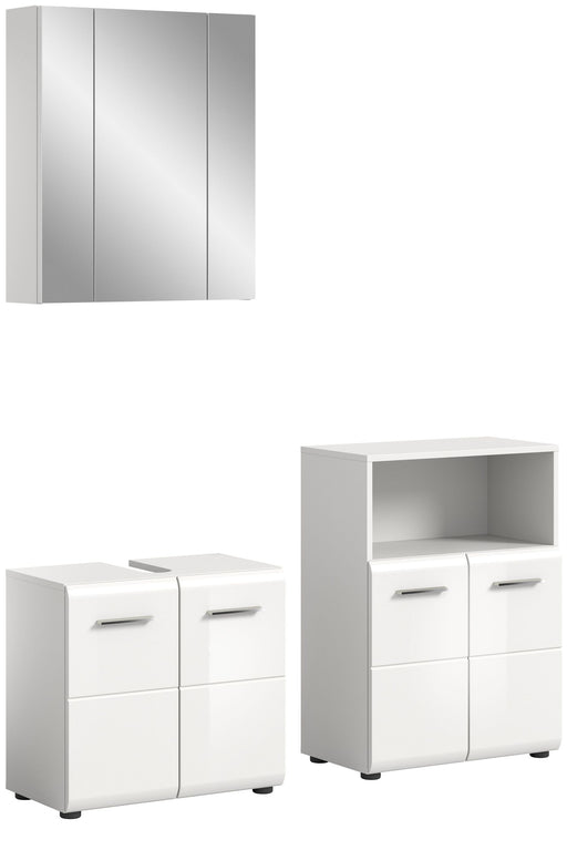 Badkombination Weiß Hochglanz mit Spiegelschrank, Unterschrank und Seitenschrank in Gesamtansicht von vorne.