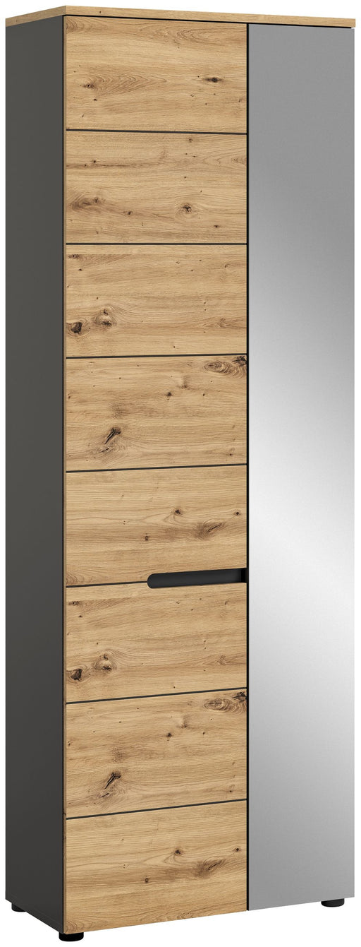 Garderobenschrank Canu in Basaltgrau und Artisan mit acht Schubladen aus Holz und grauer Seitenpaneel, Gesamtansicht.