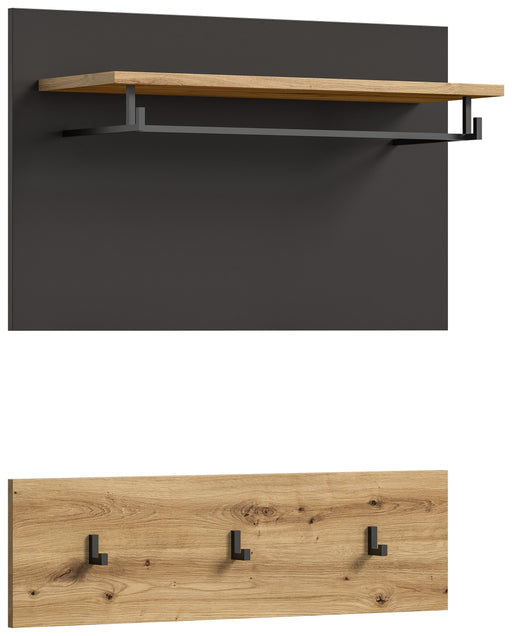 Garderobenpaneel Canu mit grauem Wandpanel, Holzablage und drei schwarzen Haken in Gesamtansicht.