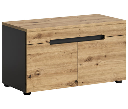 Sitzbank Canu Basaltgrau in Gesamtansicht mit Holzfronten, schwarzer Schublade und seitlicher Basaltgrau-Komponente.