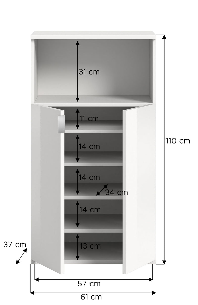 Schuhkommode Weiß Hochglanz, 60x110x37 cm, Platz für 12 Paar Schuhe