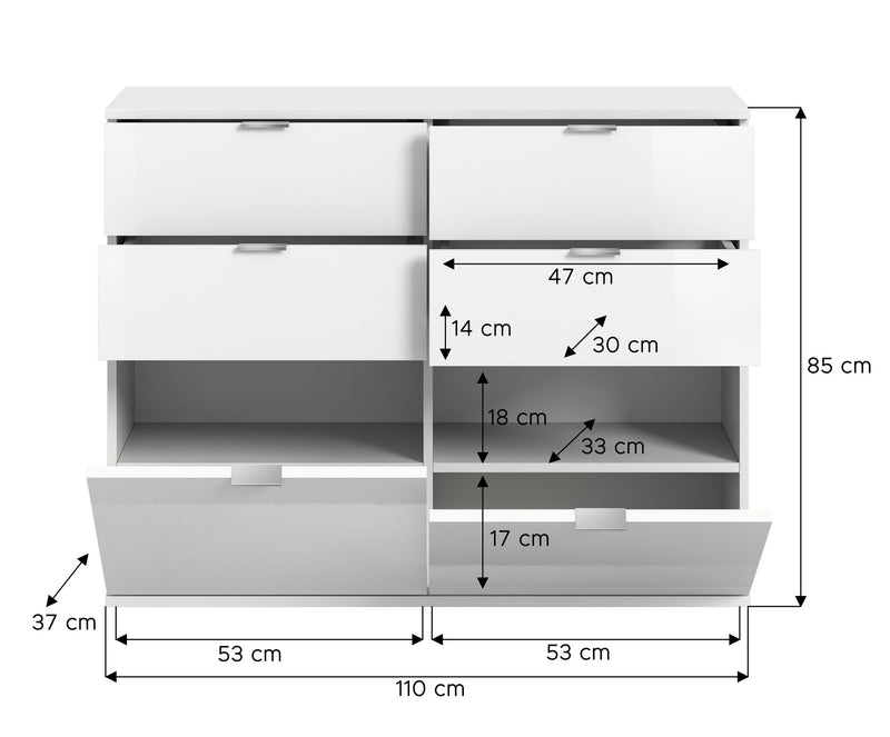 Kommode Weiß Hochglanz, modernes Design, 120x85x34 cm, 4 Schubkästen
