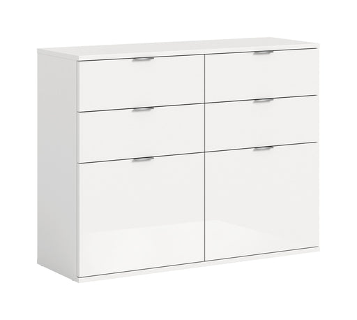 Kommode Weiß Hochglanz in Gesamtansicht mit vier Schubkästen und Metallgriffen.