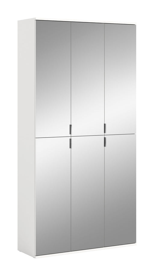 Garderobenschrank Weiß-Nachbildung Spiegelglas in Gesamtansicht mit sechs Spiegeltüren und schwarzen Griffen.