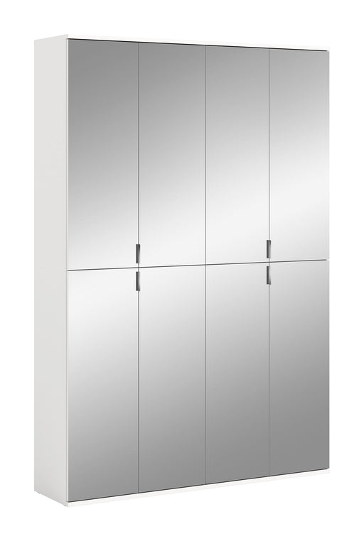 Gesamtansicht des Garderobenschranks Weiß-Nachbildung Spiegelglas mit vier Spiegeltüren und horizontaler Mittelstrebe.
