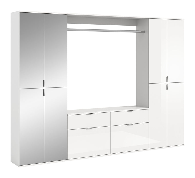 Garderobenkombination Weiß Hochglanz, Spiegelschrank, 243x193x34 cm