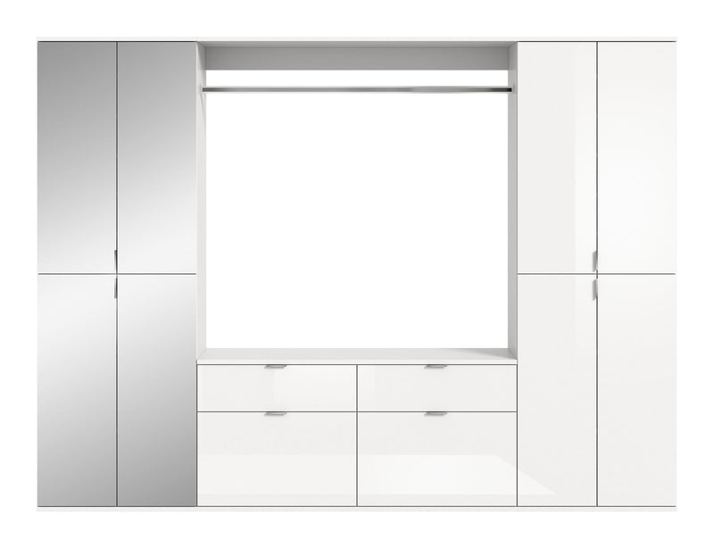 Garderobenkombination Weiß Hochglanz, Spiegelschrank, 243x193x34 cm