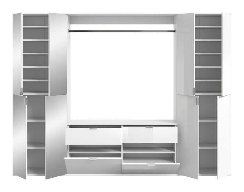 Garderobenkombination Weiß Hochglanz, Spiegelschrank, 243x193x34 cm
