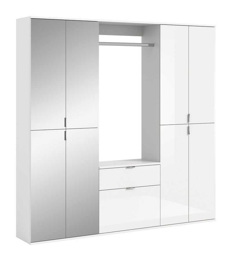 Garderobenkombination Weiß Hochglanz, Spiegelschrank, Kommode, 183x193x34 cm