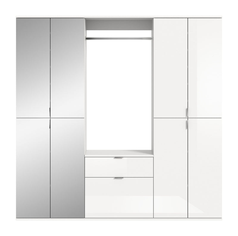 Garderobenkombination Weiß Hochglanz, Spiegelschrank, Kommode, 183x193x34 cm