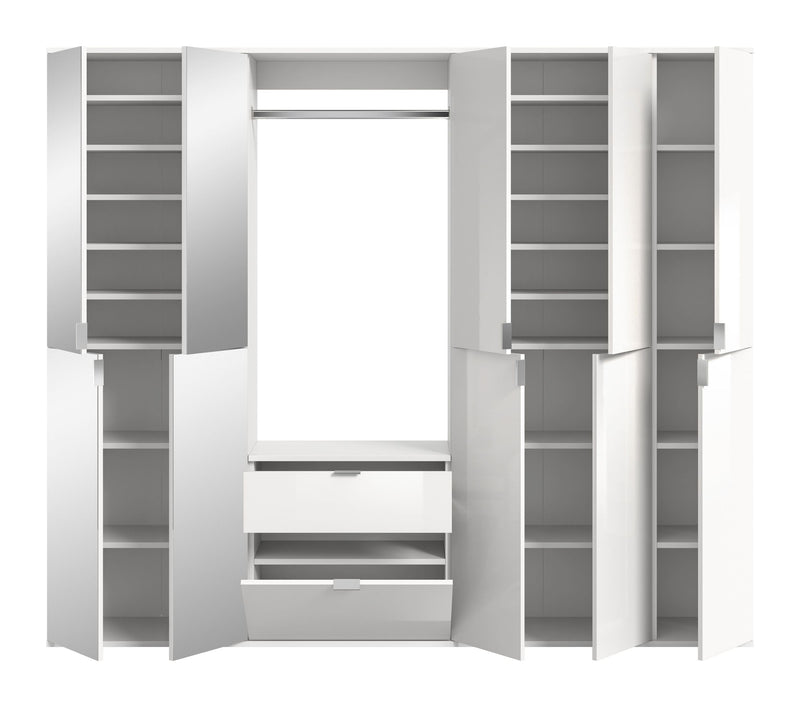 Garderobenkombination Weiß Hochglanz, Spiegelschrank, Kommode, 183x193x34 cm