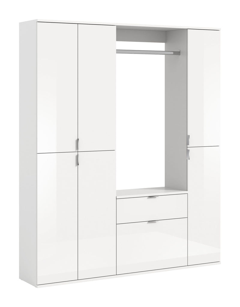 Garderobenkombination Weiß Hochglanz, 152x193x34 cm, Kleiderstange, Regale