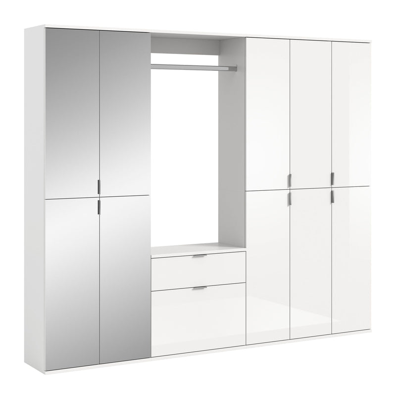 Garderobenkombination Weiß-Hochglanz mit Spiegelschrank, Kommode
